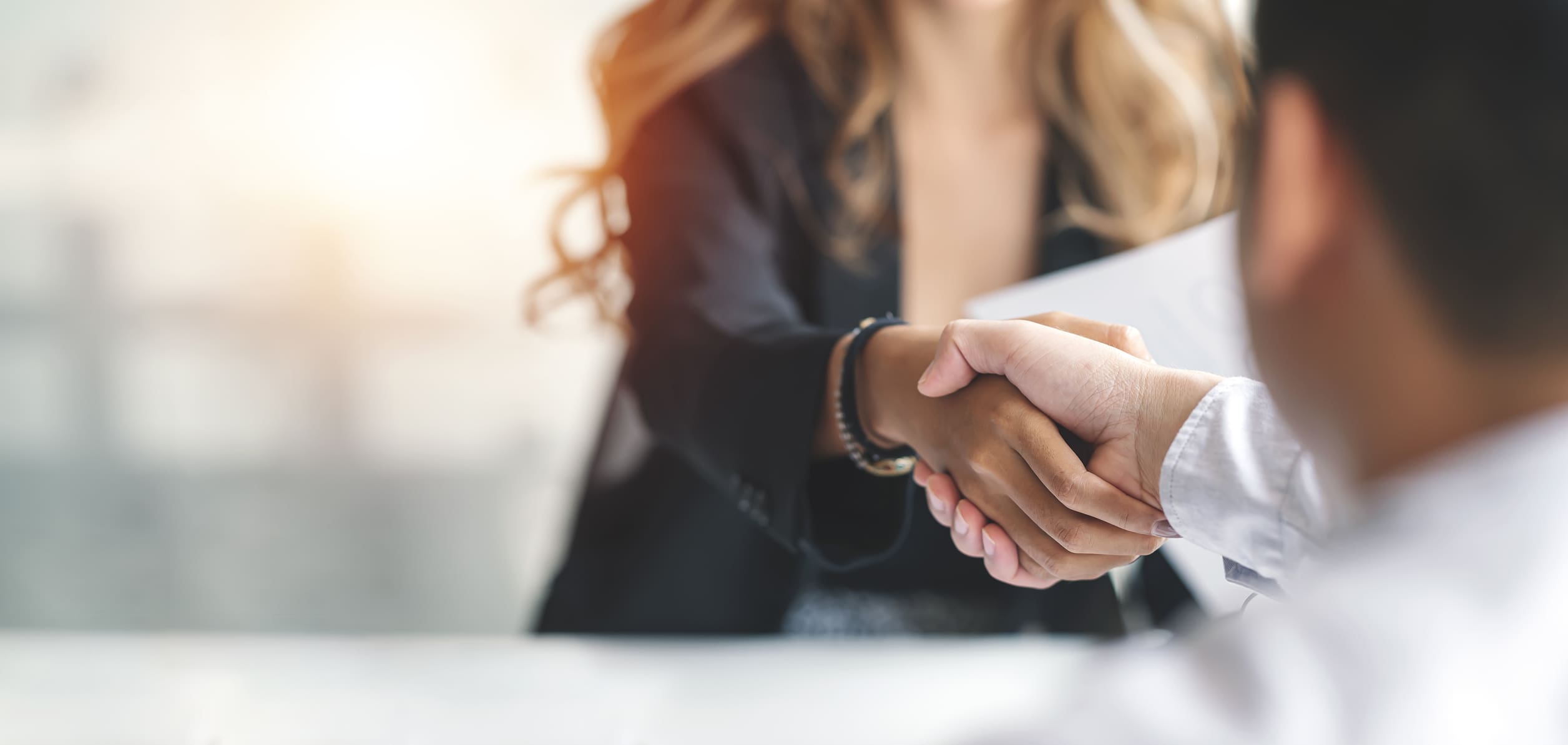 Businesswoman handshake and business people.