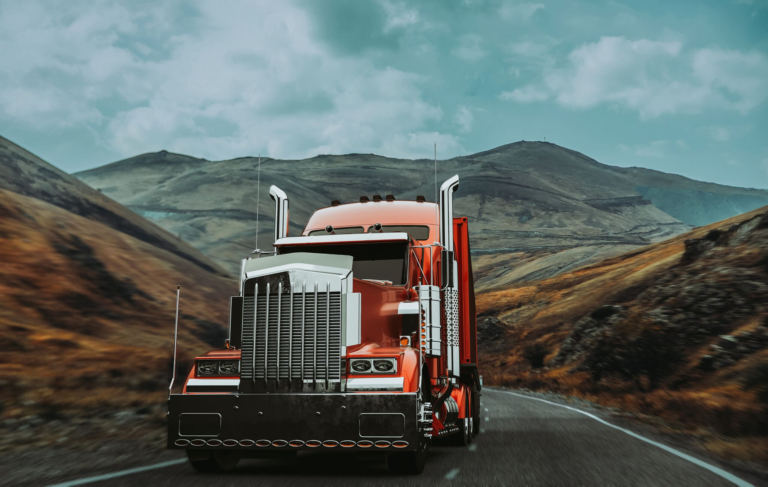 A red truck runs on a mountain road. 3d render and illustration.