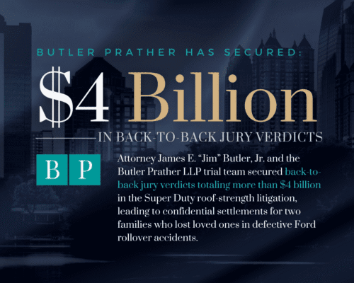 Graphic announcing Butler Prather LLP’s achievement of $4 billion in back-to-back jury verdicts. The text highlights that attorney James E. “Jim” Butler, Jr. and his trial team won over $4 billion in verdicts in the Super Duty roof-strength litigation involving defective Ford rollover accidents. The design includes a dark cityscape background, teal and gold typography, and the Butler Prather “BP” logo.
