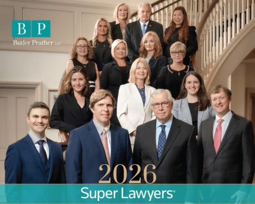 Butler Prather LLP attorneys posed on a staircase in formal business attire with “2026 Super Lawyers” text overlay, announcing the firm’s recognition in Georgia Super Lawyers 2026.